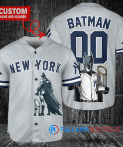 New York Yankees x DC Comics Batman The Dark Knight with Trophy Custom Baseball Jersey Gray