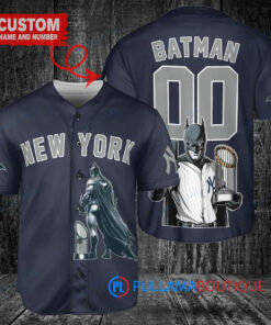 New York Yankees x DC Comics Batman The Dark Knight with Trophy Custom Baseball Jersey Navy