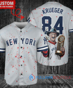 New York Yankees x Freddy Krueger A Nightmare on Elm Street Halloween with World Series Trophy Custom Baseball Jersey Gray