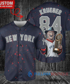 New York Yankees x Freddy Krueger A Nightmare on Elm Street Halloween with World Series Trophy Custom Baseball Jersey Navy