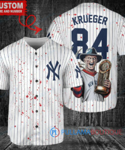 New York Yankees x Freddy Krueger A Nightmare on Elm Street Halloween with World Series Trophy Custom Baseball Jersey White