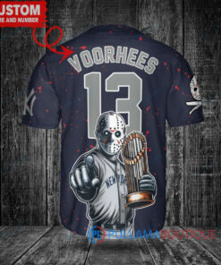 New York Yankees x Friday the 13th Jason Voorhees Halloween with World Series Trophy Custom Baseball Jersey Navy