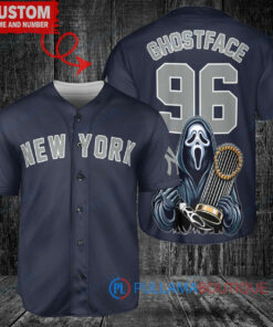 New York Yankees x Ghostface Scream Halloween Halloween with World Series Trophy Custom Baseball Jersey Navy