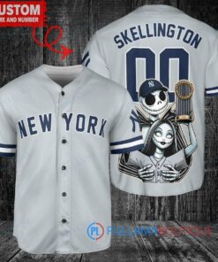 New York Yankees x Jack Skellington and Sally The Nightmare Before Christmas with World Series Trophy Custom Baseball Jersey Gray