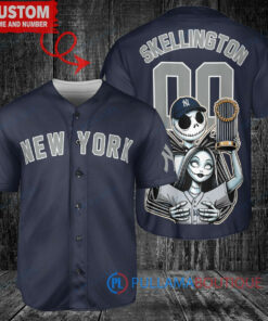 New York Yankees x Jack Skellington and Sally The Nightmare Before Christmas with World Series Trophy Custom Baseball Jersey Navy