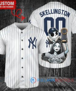 New York Yankees x Jack Skellington and Sally The Nightmare Before Christmas with World Series Trophy Custom Baseball Jersey White