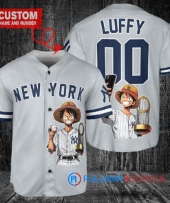 New York Yankees x Luffy One Piece with Trophy Custom Baseball Jersey Gray