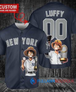 New York Yankees x Luffy One Piece with Trophy Custom Baseball Jersey Navy