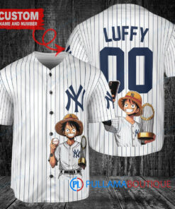 New York Yankees x Luffy One Piece with Trophy Custom Baseball Jersey White