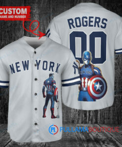 New York Yankees x Marvel Captain America Steve Rogers with Trophy Custom Baseball Jersey Gray