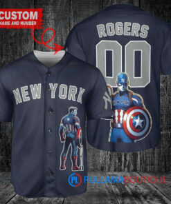 New York Yankees x Marvel Captain America Steve Rogers with Trophy Custom Baseball Jersey Navy