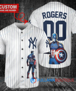 New York Yankees x Marvel Captain America Steve Rogers with Trophy Custom Baseball Jersey White