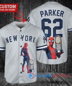 New York Yankees x Marvel Spiderman with Trophy Custom Baseball Jersey Gray