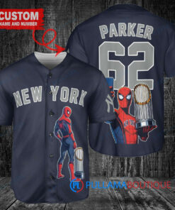 New York Yankees x Marvel Spiderman with Trophy Custom Baseball Jersey Navy