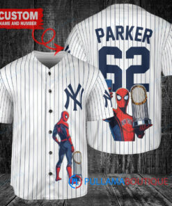 New York Yankees x Marvel Spiderman with Trophy Custom Baseball Jersey White