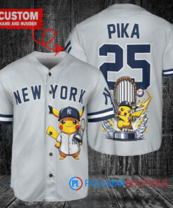 New York Yankees x Pikachu Pokemon with Trophy Custom Baseball Jersey Gray