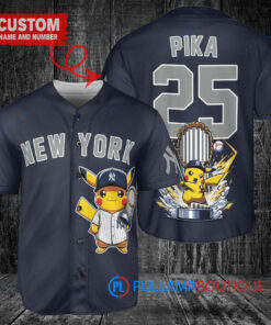 New York Yankees x Pikachu Pokemon with Trophy Custom Baseball Jersey Navy