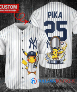 New York Yankees x Pikachu Pokemon with Trophy Custom Baseball Jersey White