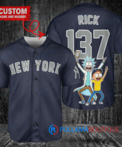 New York Yankees x Rick and Morty with Trophy Custom Baseball Jersey Navy