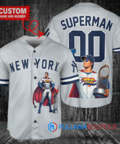 New York Yankees x Superman DC Comics with Trophy Custom Baseball Jersey Gray