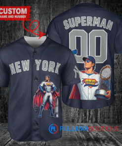 New York Yankees x Superman DC Comics with Trophy Custom Baseball Jersey Navy