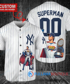 New York Yankees x Superman DC Comics with Trophy Custom Baseball Jersey White