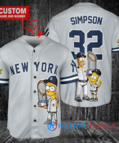 New York Yankees x The Simpsons Bart Simpson, Homer Simpson, Lisa Simpson with Trophy Custom Baseball Jersey Gray