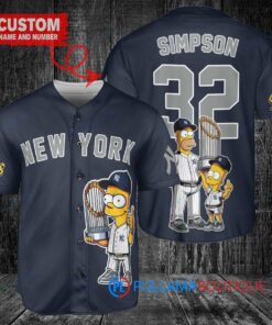 New York Yankees x The Simpsons Bart Simpson, Homer Simpson, Lisa Simpson with Trophy Custom Baseball Jersey Navy