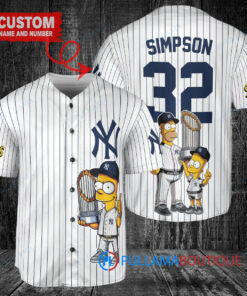 New York Yankees x The Simpsons Bart Simpson, Homer Simpson, Lisa Simpson with Trophy Custom Baseball Jersey White