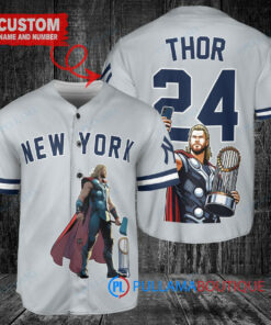 New York Yankees x Thor Marvel with Trophy Custom Baseball Jersey Gray