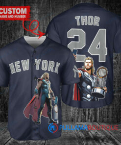 New York Yankees x Thor Marvel with Trophy Custom Baseball Jersey Navy