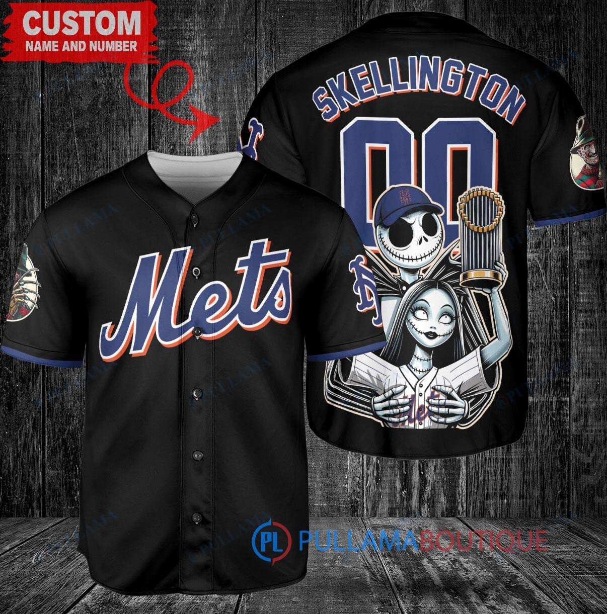 Atlanta Braves x Jack Skellington and Sally The Nightmare Before Christmas with World Series Trophy Custom Baseball Jersey Navy