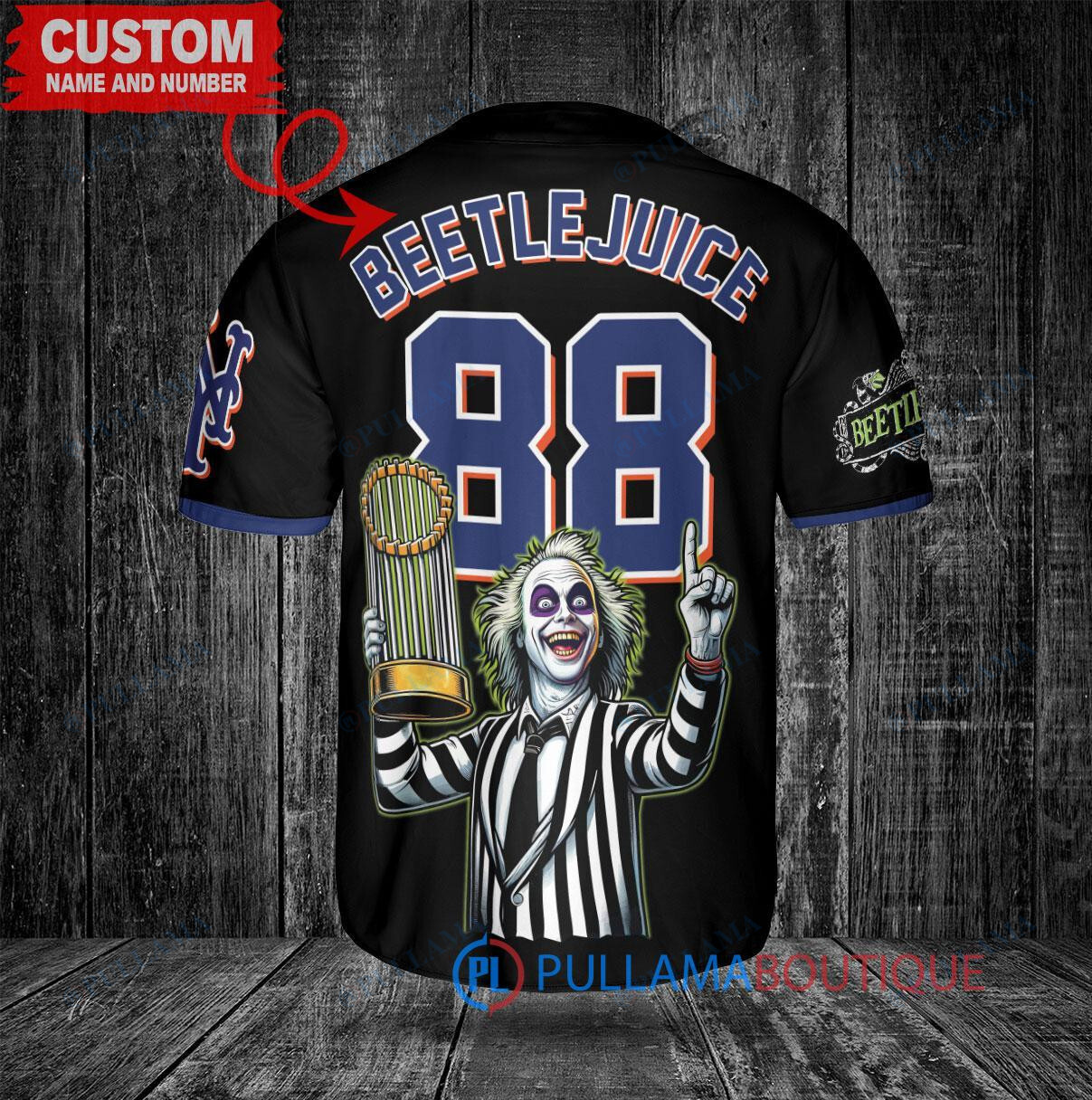 Boston Red Sox x Beetlejuice Halloween with World Series Trophy Custom Baseball Jersey Navy