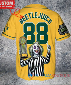 Oakland Athletics Beetlejuice Halloween World Series Trophy Baseball Jersey Gold