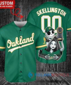 Oakland Athletics Jack Skellington Sally World Series Trophy Baseball Jersey Green