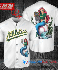 Oakland Athletics x Ariel Mermaid with Trophy Custom Baseball Jersey White