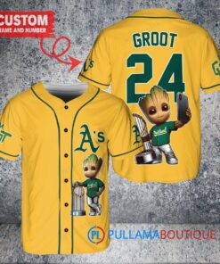 Oakland Athletics x Baby Groot Marvel Guardians Of The Galaxy with Trophy Custom Baseball Jersey Gold