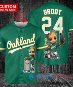 Oakland Athletics x Baby Groot Marvel Guardians Of The Galaxy with Trophy Custom Baseball Jersey Green