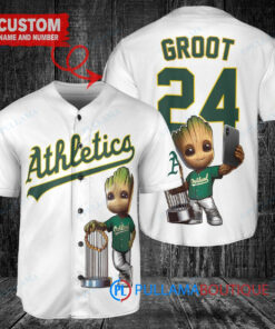 Oakland Athletics x Baby Groot Marvel Guardians Of The Galaxy with Trophy Custom Baseball Jersey White