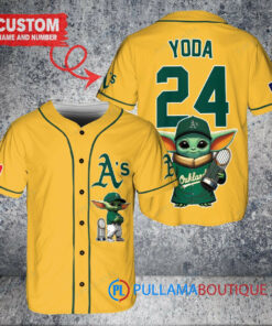 Oakland Athletics x Baby Yoda Star Wars The Mandalorian with Trophy Custom Baseball Jersey Gold