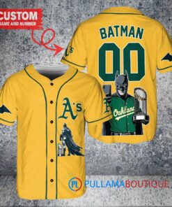 Oakland Athletics x DC Comics Batman The Dark Knight with Trophy Custom Baseball Jersey Gold