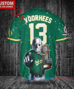 Oakland Athletics x Friday the 13th Jason Voorhees Halloween with World Series Trophy Custom Baseball Jersey Green