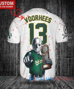 Oakland Athletics x Friday the 13th Jason Voorhees Halloween with World Series Trophy Custom Baseball Jersey White