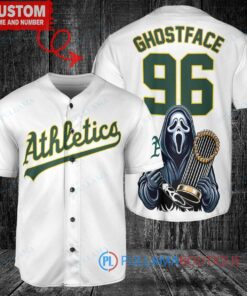 Oakland Athletics x Ghostface Scream Halloween Halloween with World Series Trophy Custom Baseball Jersey White