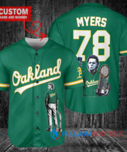 Oakland Athletics x Halloween Michael Myers with Trophy Custom Baseball Jersey Green