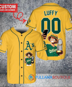 Oakland Athletics x Luffy One Piece with Trophy Custom Baseball Jersey Gold