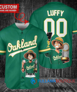 Oakland Athletics x Luffy One Piece with Trophy Custom Baseball Jersey Green