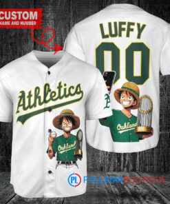 Oakland Athletics x Luffy One Piece with Trophy Custom Baseball Jersey White