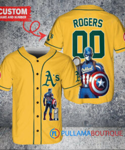 Oakland Athletics x Marvel Captain America Steve Rogers with Trophy Custom Baseball Jersey Gold