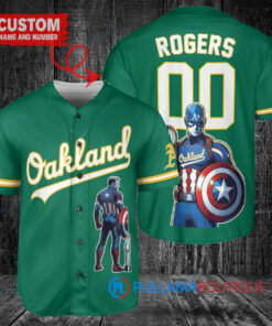 Oakland Athletics x Marvel Captain America Steve Rogers with Trophy Custom Baseball Jersey Green